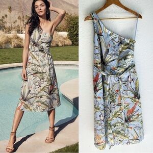 Ann Taylor One Shoulder Jungle Tropical Animal Print Midi Tie Dress Sz 10 Petite
